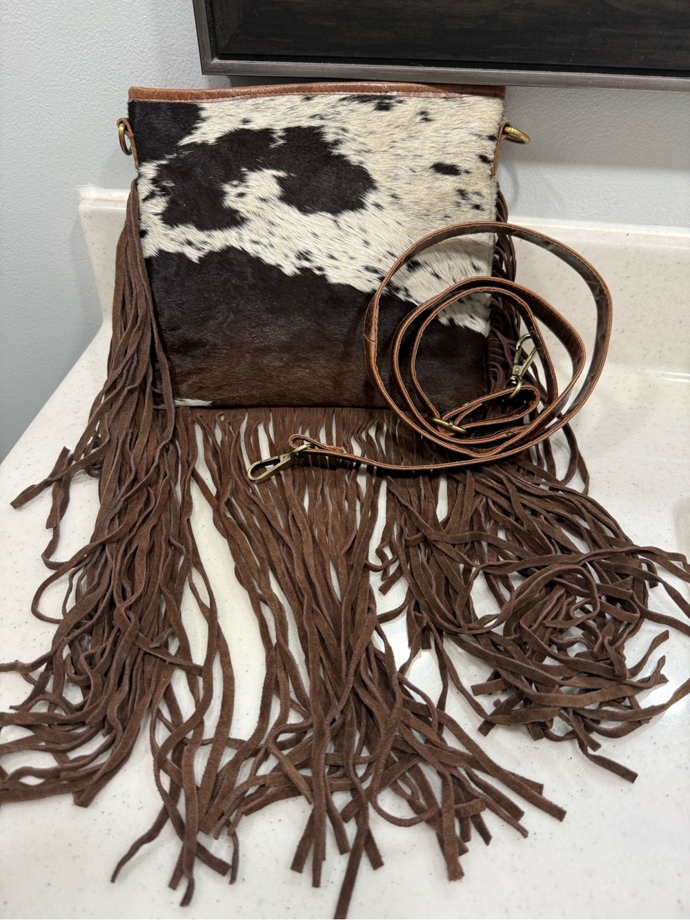 Fringe Leather Crossbody Bag with Cowhide Accent - Brown & White
